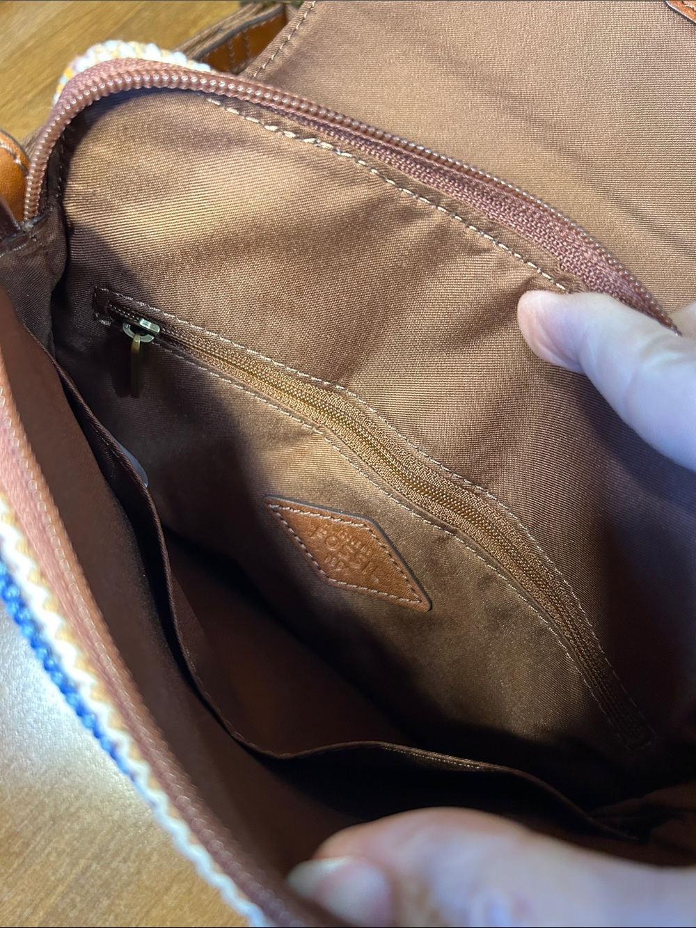 Fossil Kinley Tan Leather Flap Crossbody with Multicolor Knit Body - Picture 7 of 12